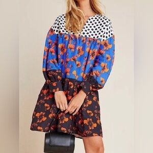 Anthropologie Dhruv Kapoor Mini Dress Polka Dot Floral Tiered Size Large Petite